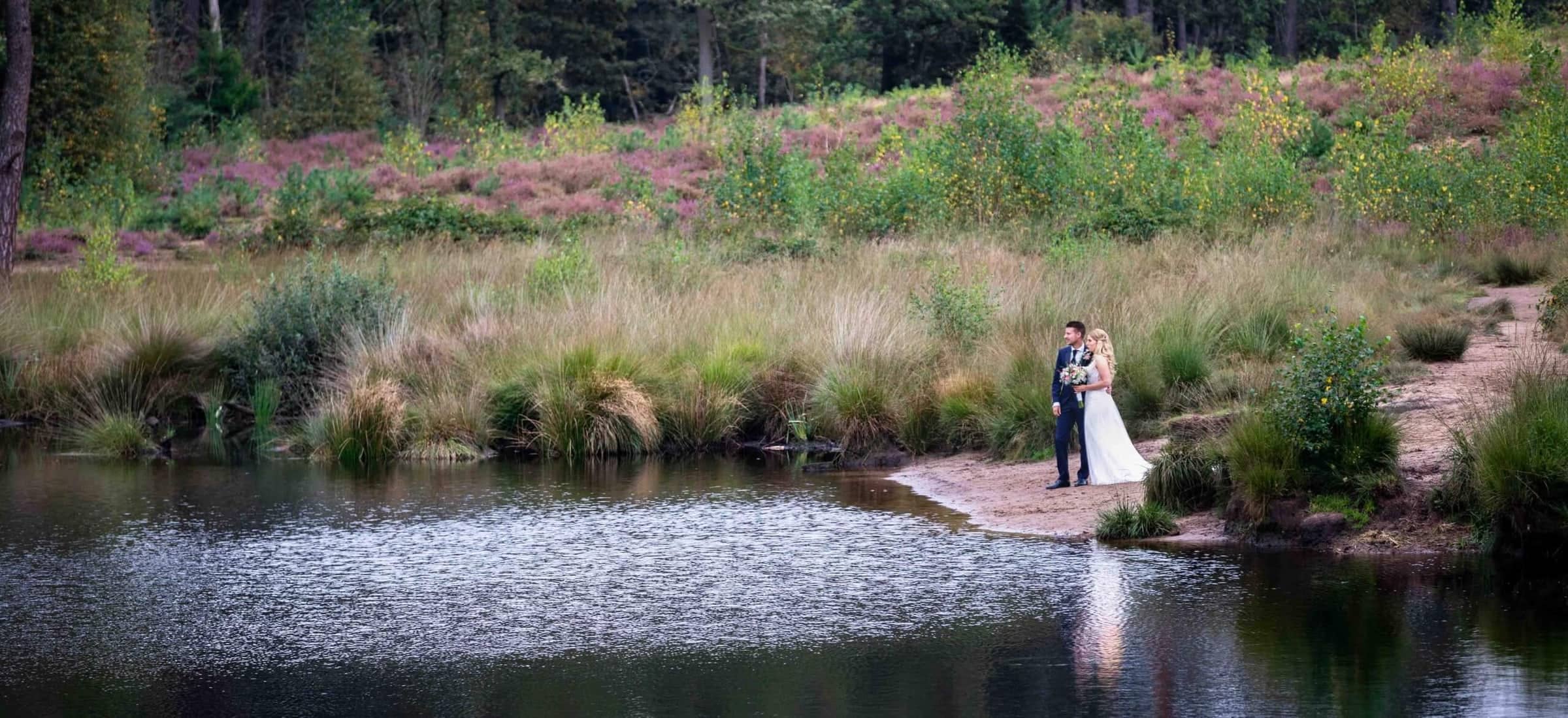 Couple at the edge of a pond on the heath, among the purple heather