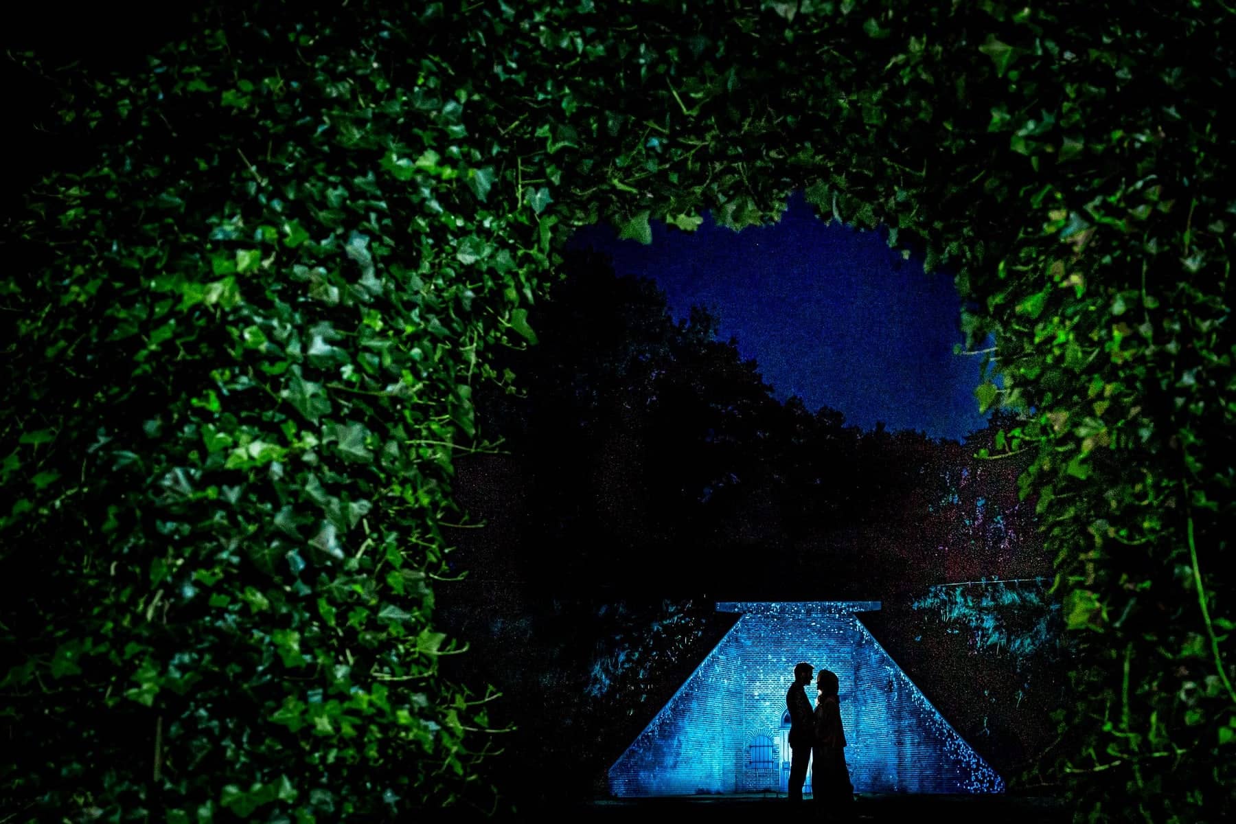 Silhouette of a couple in blue light, framed by ivy