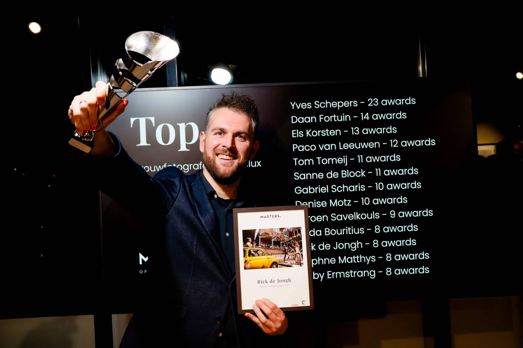 Rick de Jongh with the trophy for the top 10 wedding photographers in the Benelux